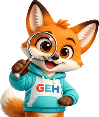 Spark, la mascota de Homeschool GEH, con una lupa