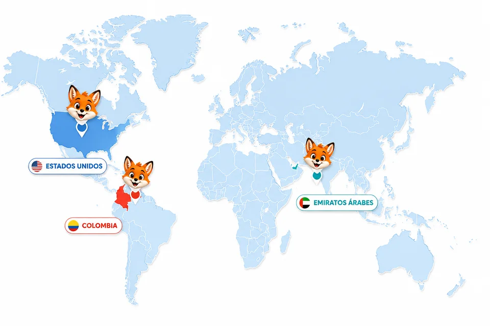Mapa con la presencia de Homeschool GEH en Estados Unidos, Colombia y Emiratos Árabes